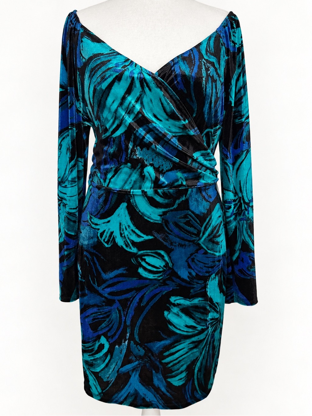 VENUS Velvet Wrap Dress 1X Teal Blue Floral Off Shoulder Holiday Party